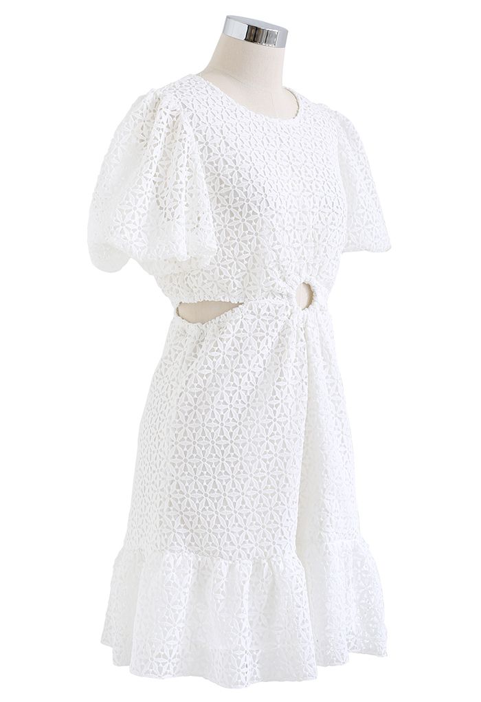 O-Ring Waist Cutwork Mini Dress in White