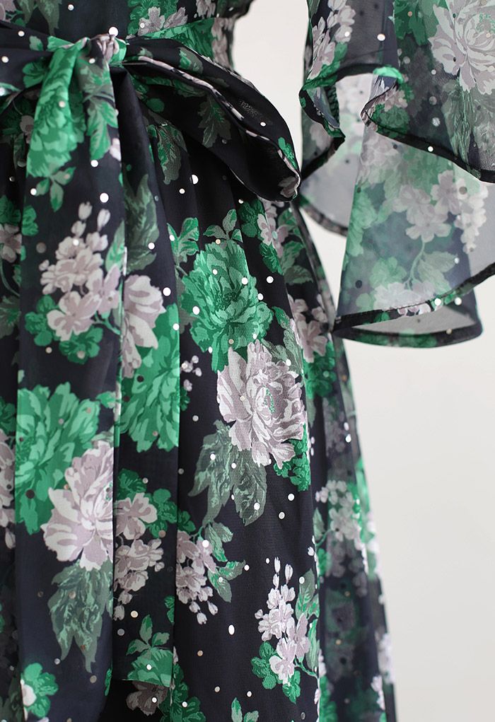 Bicolor Floral Print Sequined Chiffon Dress