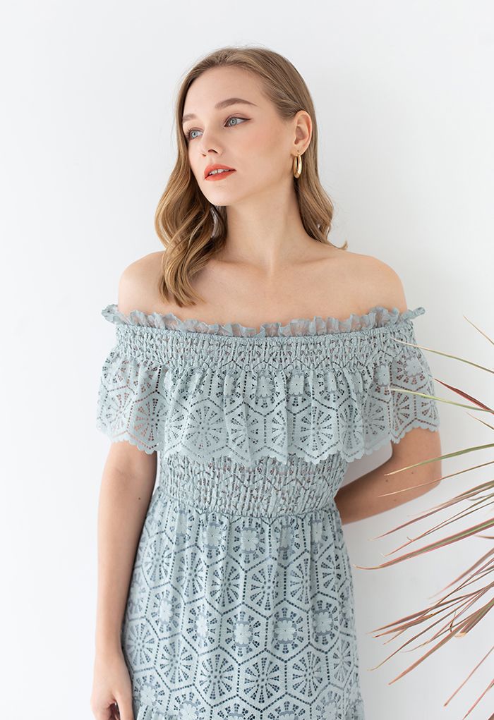 Lacy Off-Shoulder Floral Cutwork Dress in Dusty Blue