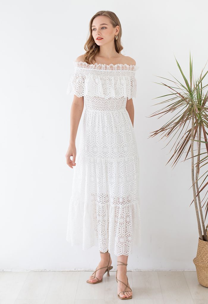 Lacy Off-Shoulder Floral Cutwork Dress in White