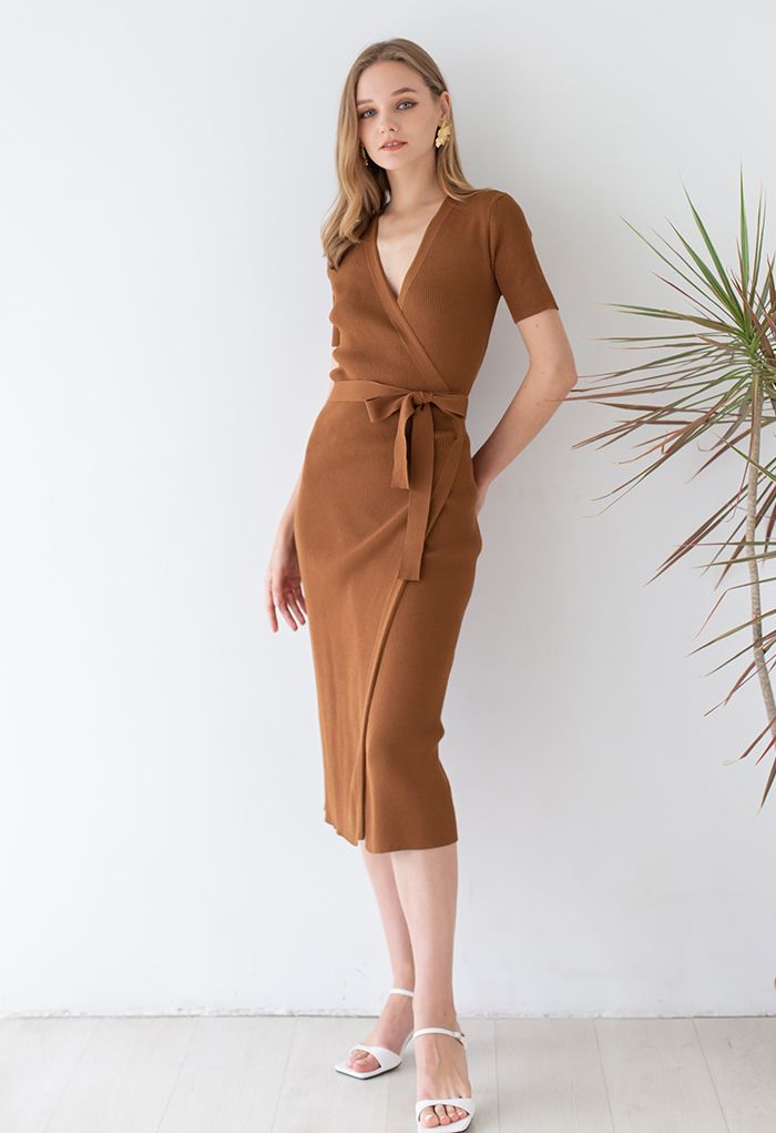 Self-Tie Bowknot Bodycon Knit Wrap Dress in Rust Red