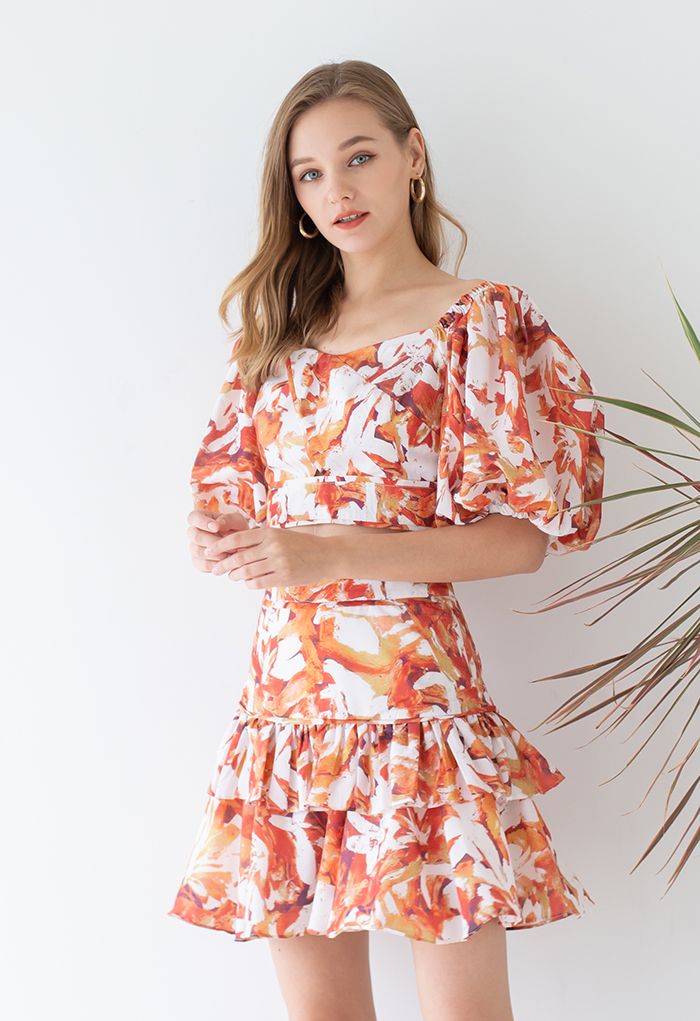 Maple Painting Bubble Sleeve Top and Tiered Ruffle Skirt Set