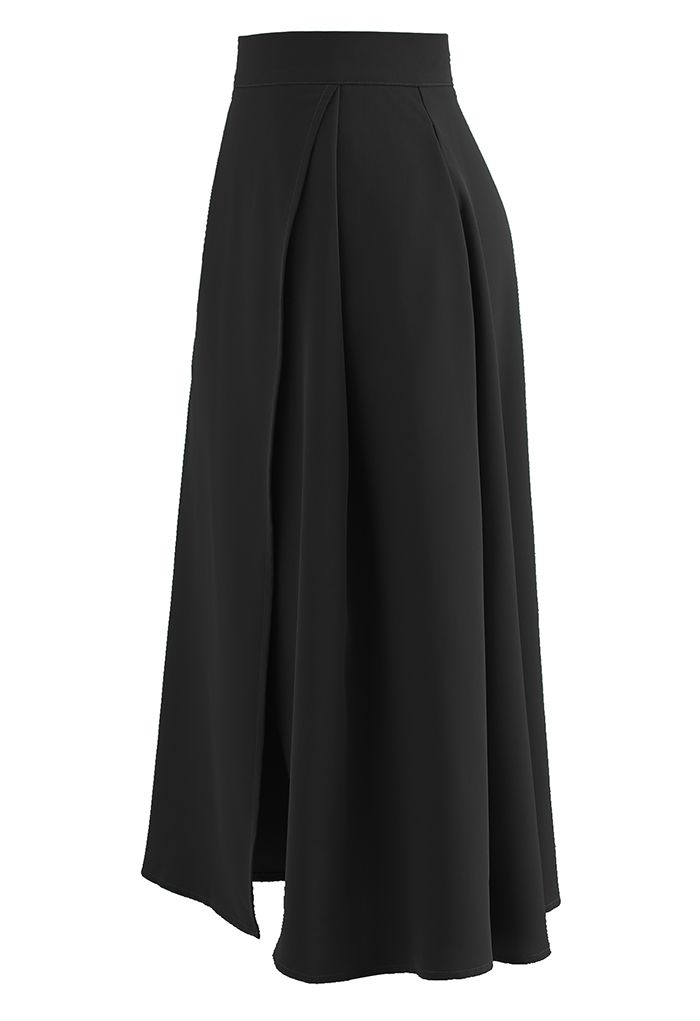 Flap Front Flare Hem Midi Skirt in Black