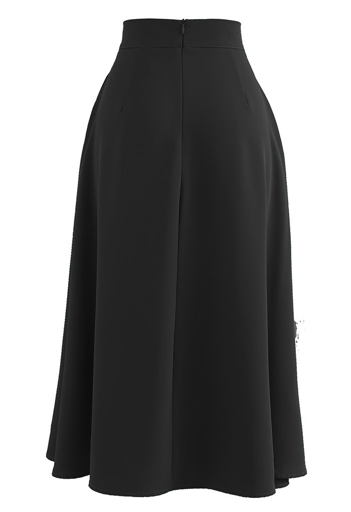 Flap Front Flare Hem Midi Skirt in Black