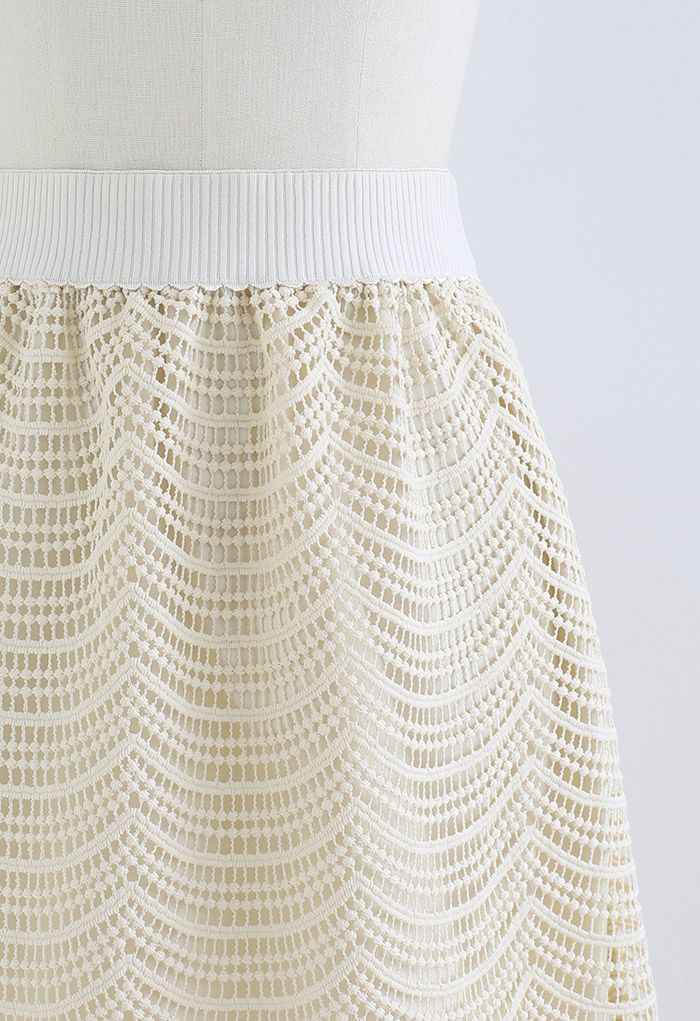 Ripple Crochet High Waist Midi Skirt in Cream