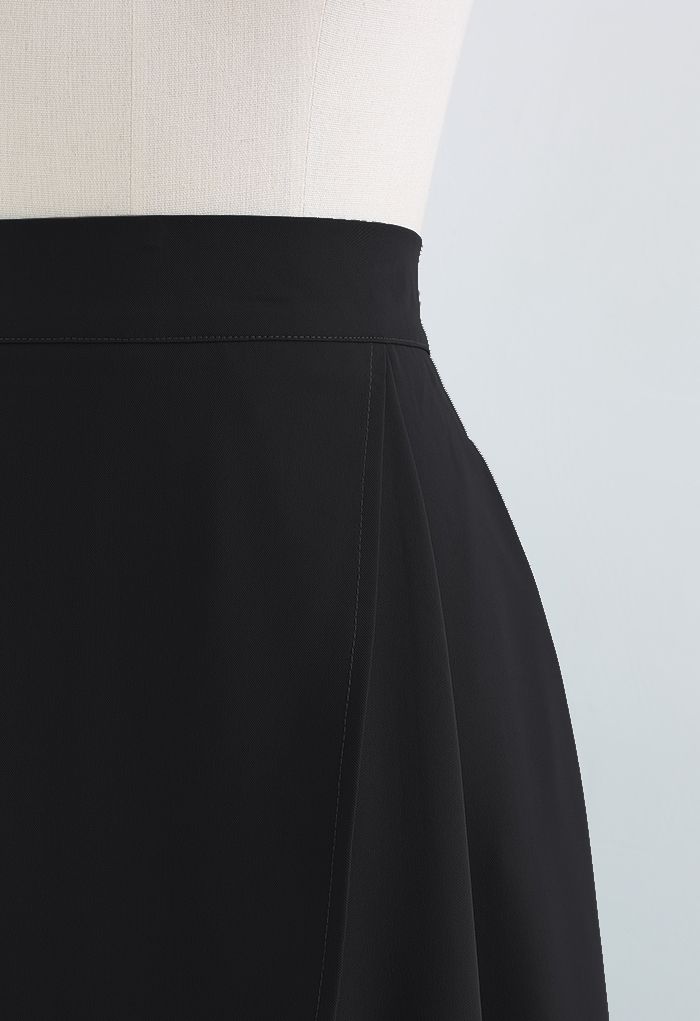 Flap Front Flare Hem Midi Skirt in Black