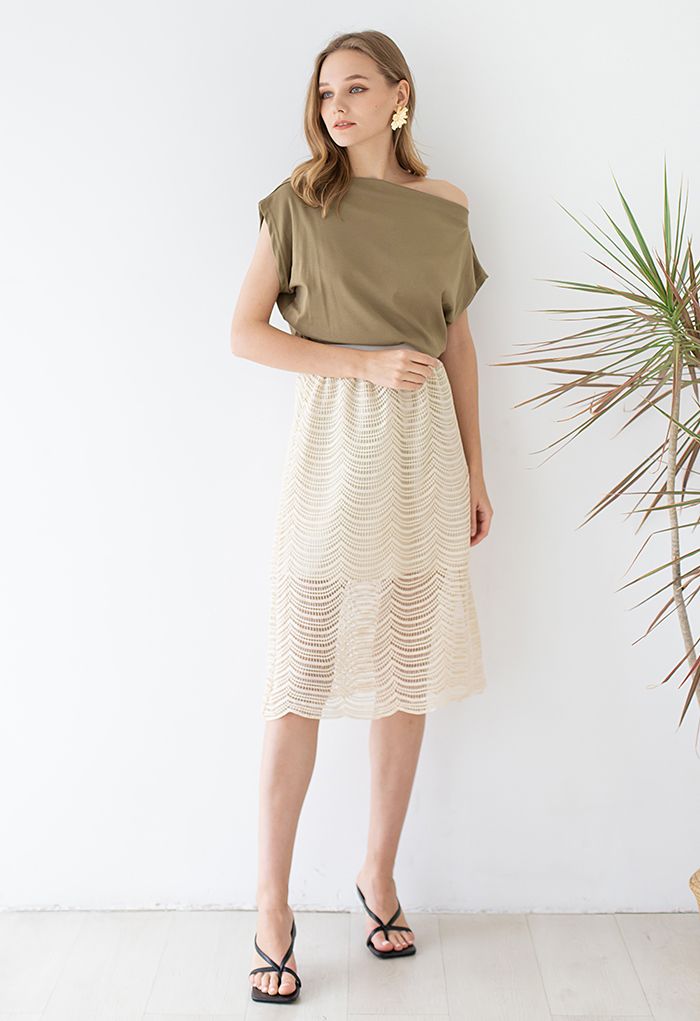 Ripple Crochet High Waist Midi Skirt in Cream