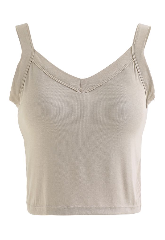 Soft V-Neck Crop Tank Top in Taupe