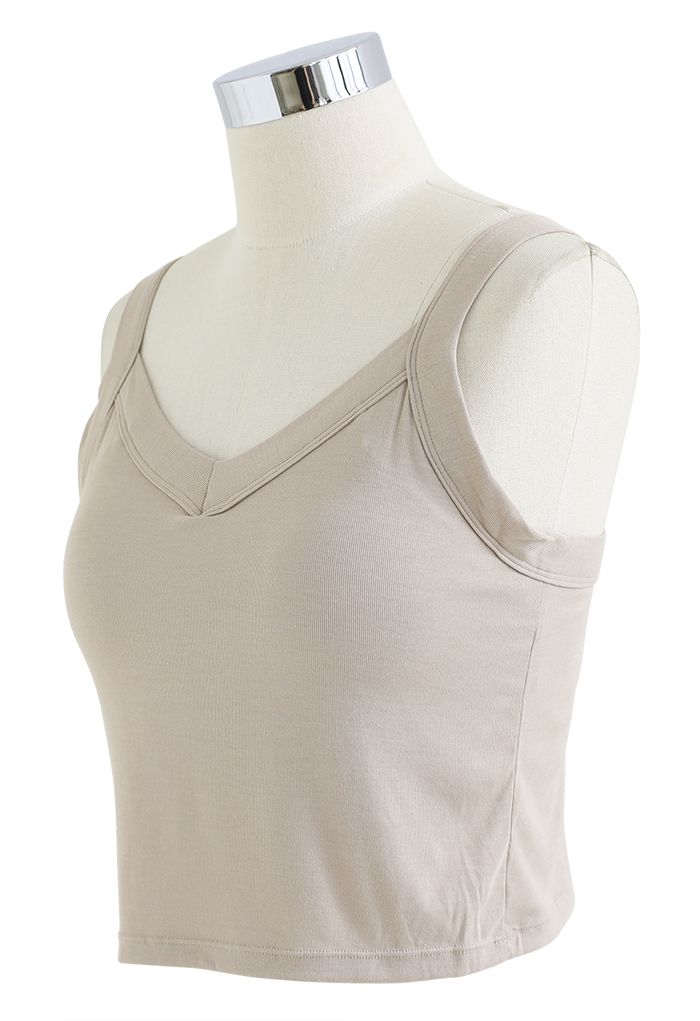 Soft V-Neck Crop Tank Top in Taupe