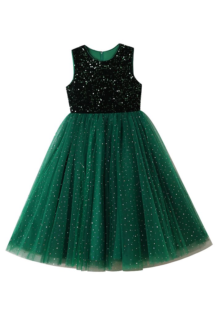 Shimmer Sequins Sleeveless Tulle Dress in Emerald For Kids