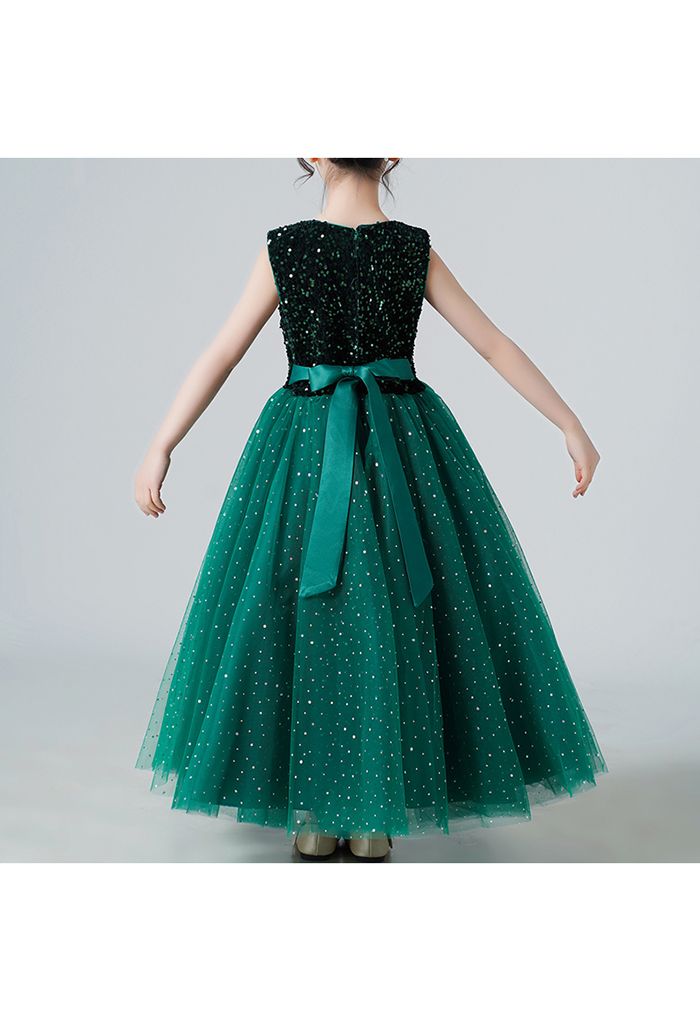 Shimmer Sequins Sleeveless Tulle Dress in Emerald For Kids