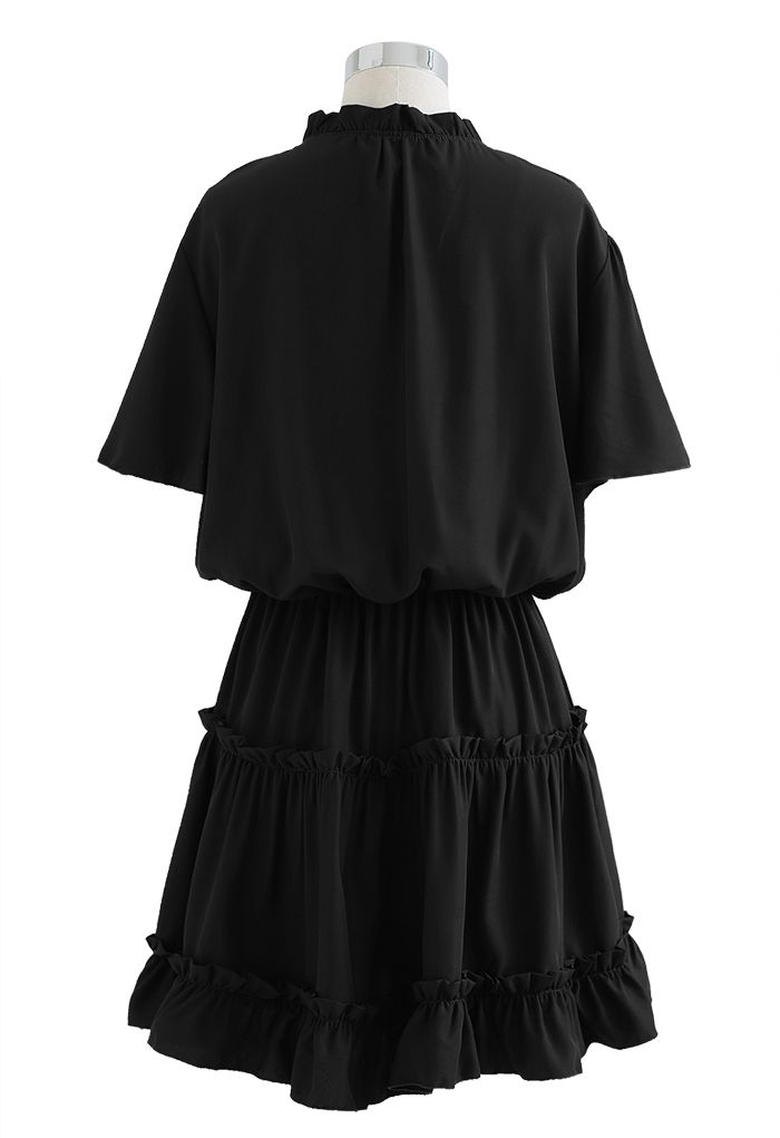 V-Neck Flare Sleeve Ruffle Trim Dress in Black