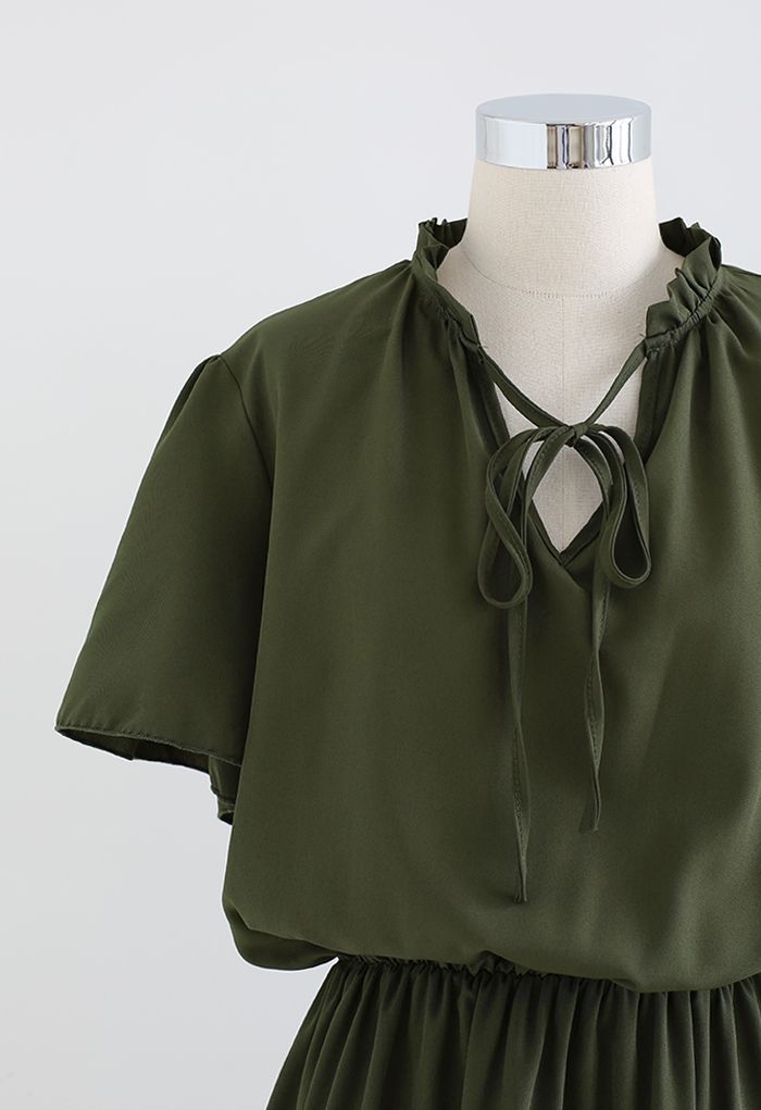 V-Neck Flare Sleeve Ruffle Trim Dress in Army Green