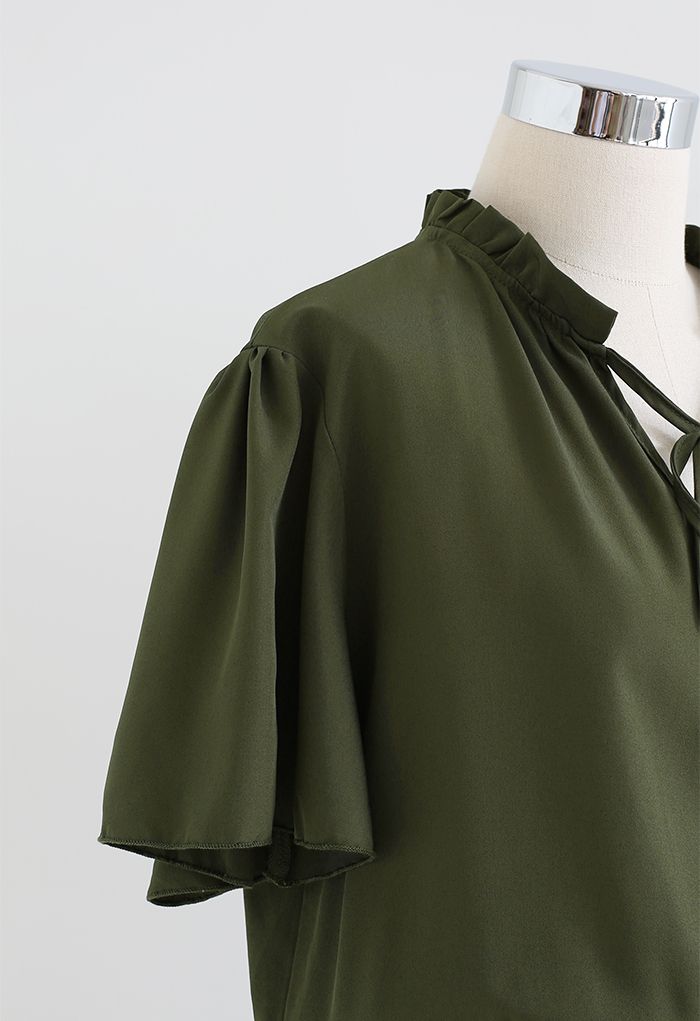 V-Neck Flare Sleeve Ruffle Trim Dress in Army Green