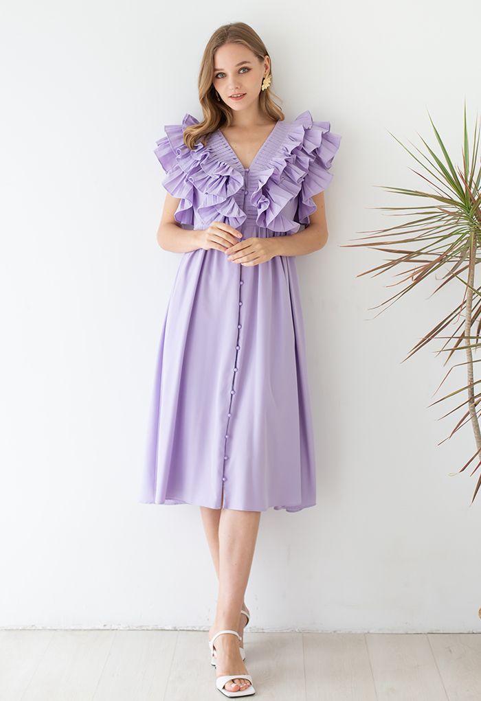 Pleated Ruffle Buttoned Deep V-Neck Dress in Lilac