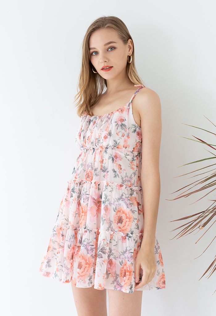 Watercolor Flower Ruffle Trim Chiffon Cami Dress