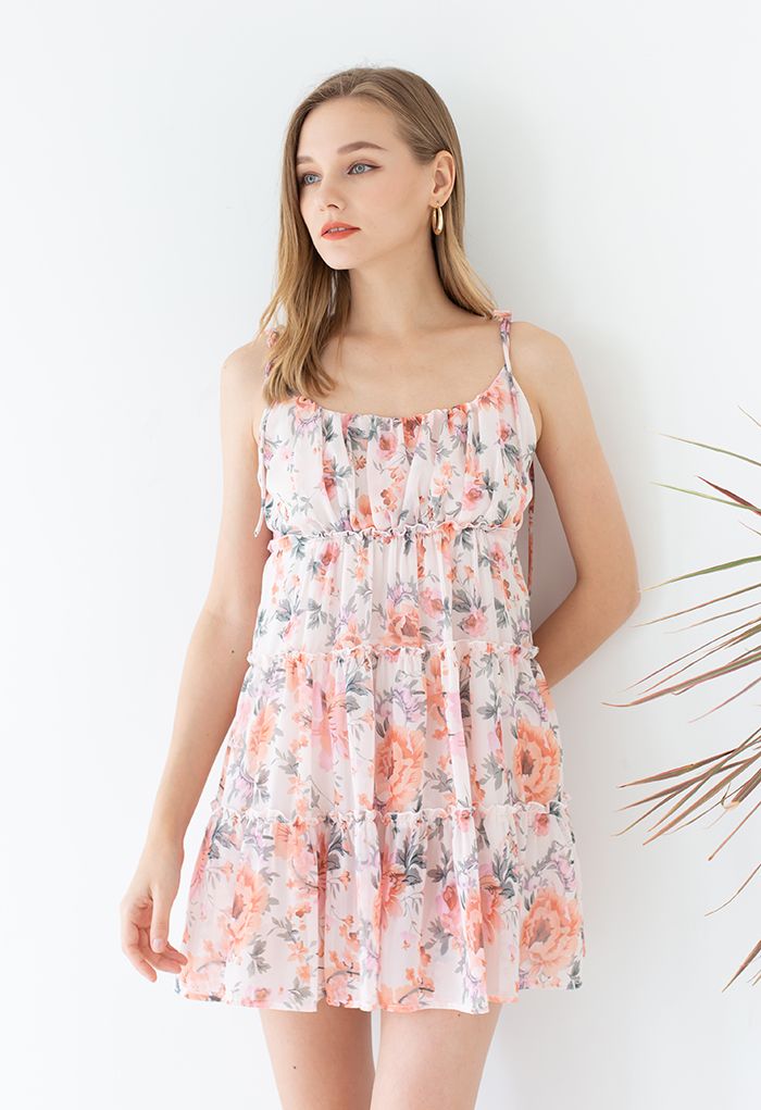 Watercolor Flower Ruffle Trim Chiffon Cami Dress