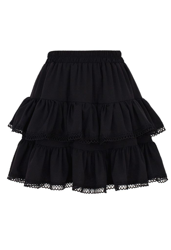 Crochet Edge Texture Tiered Mini Skirt in Black