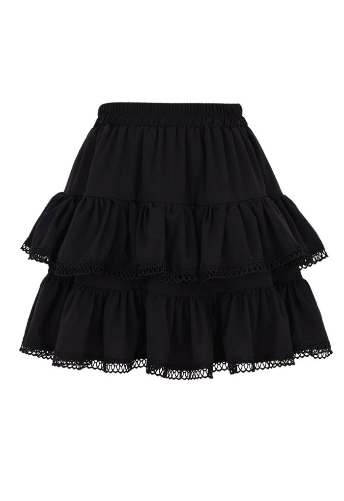 Crochet Edge Texture Tiered Mini Skirt in Black