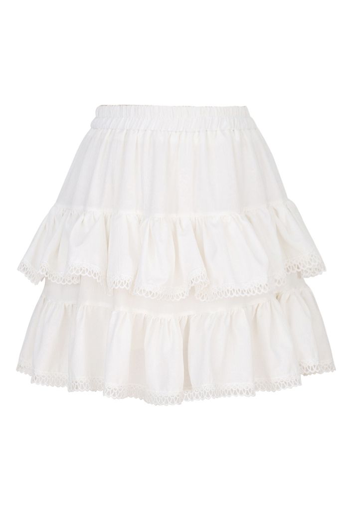 Crochet Edge Texture Tiered Mini Skirt in White