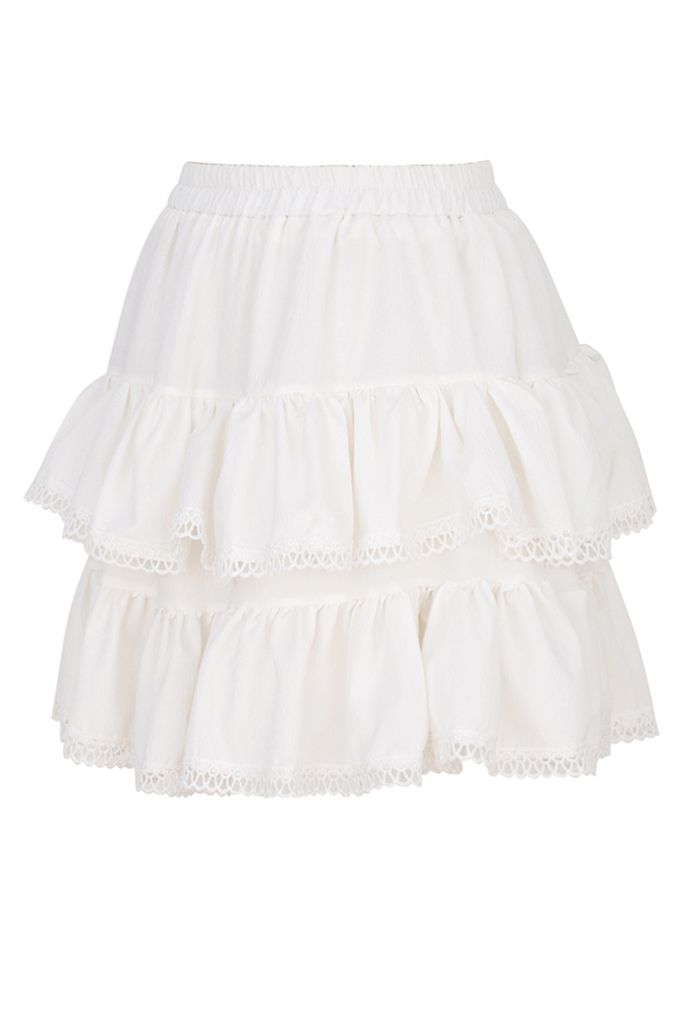 Crochet Edge Texture Tiered Mini Skirt in White