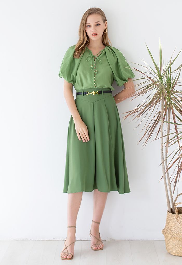 Button Down Bubble Sleeve Top in Green