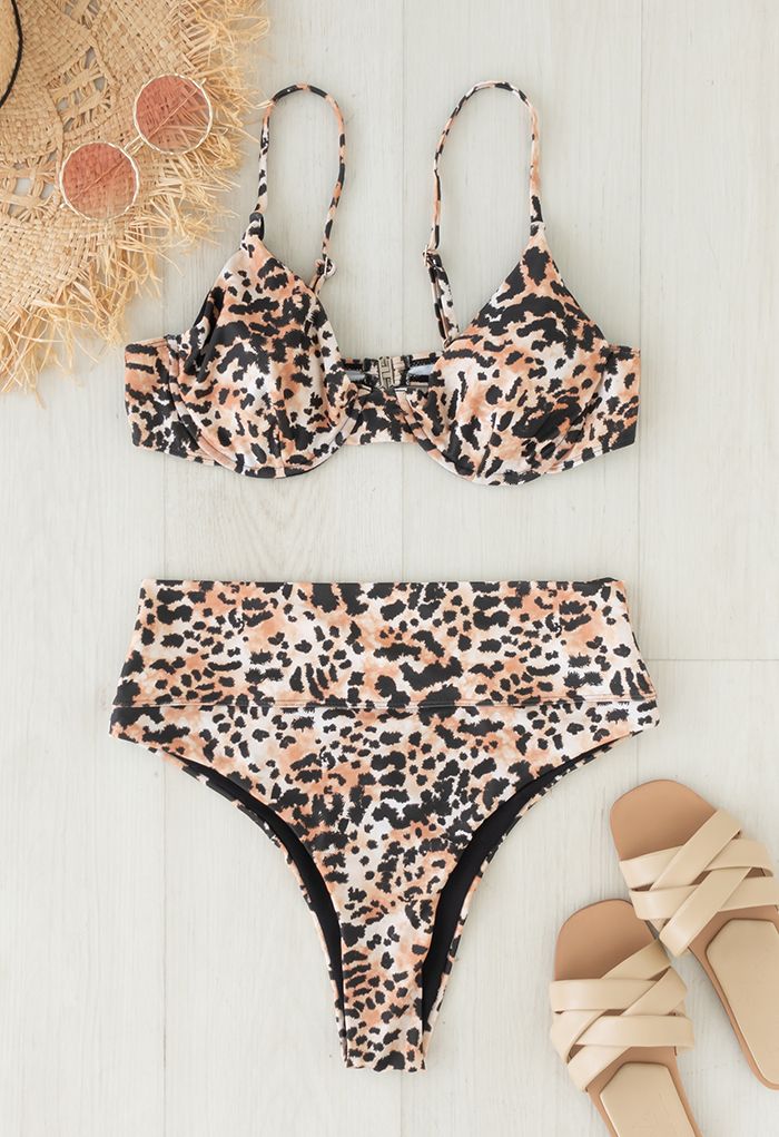 Leopard Print Bustier High Waist Bikini Set