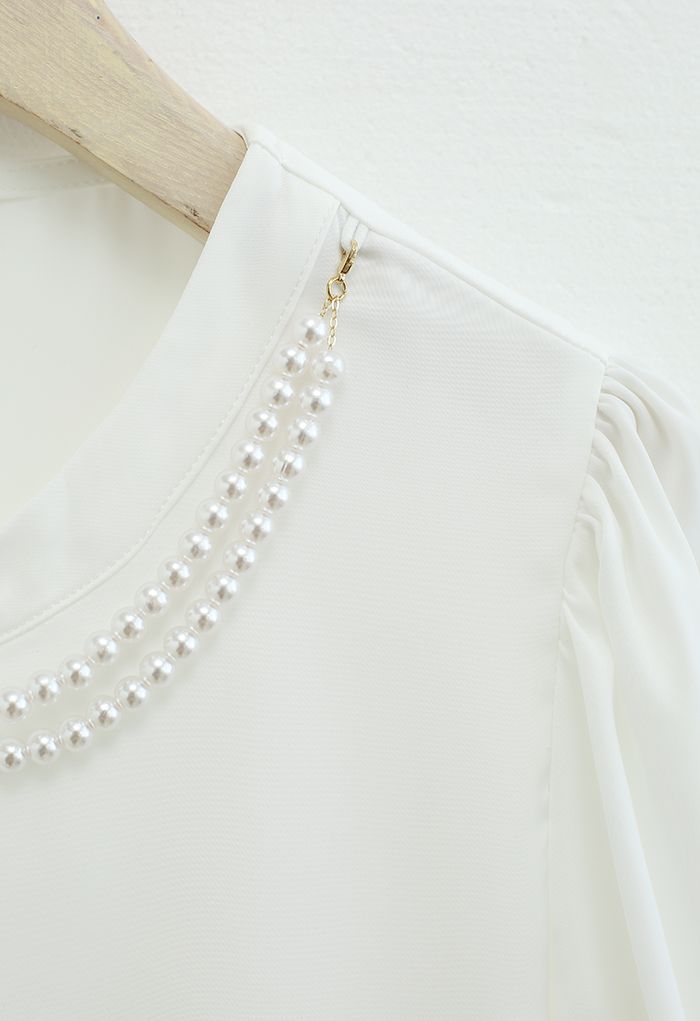 Necklace Short Sleeve Satin Top in White