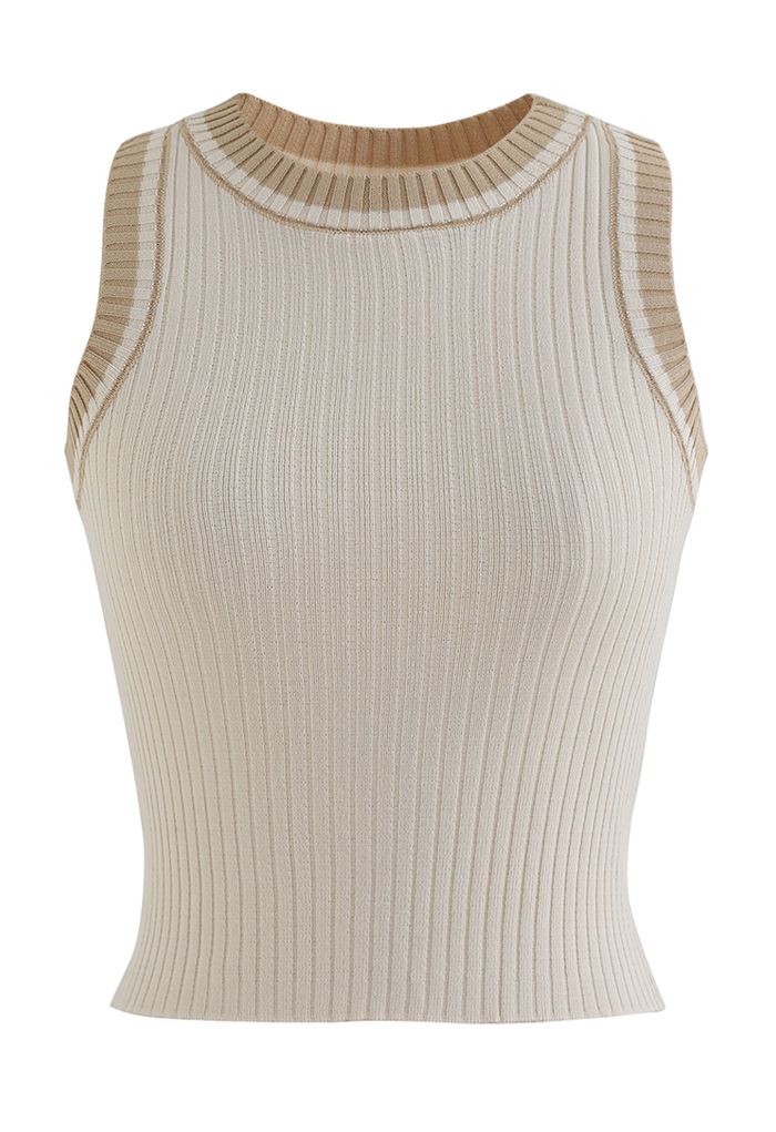 Two-Tone Ribbed Knit Tank Top in Sand