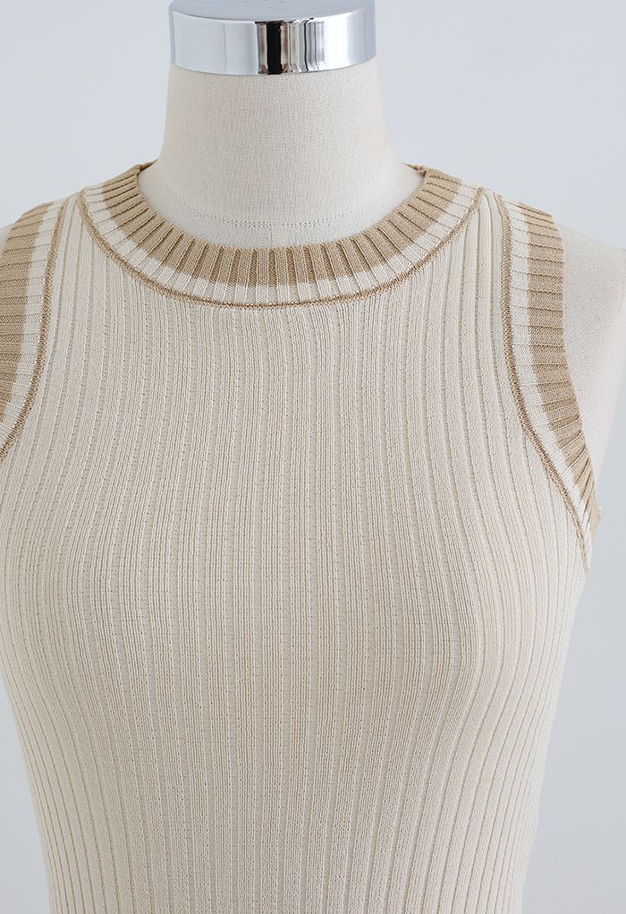 Two-Tone Ribbed Knit Tank Top in Sand