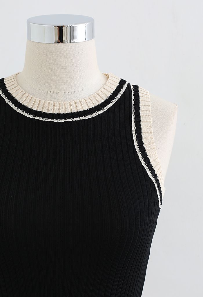 Two-Tone Ribbed Knit Tank Top in Black