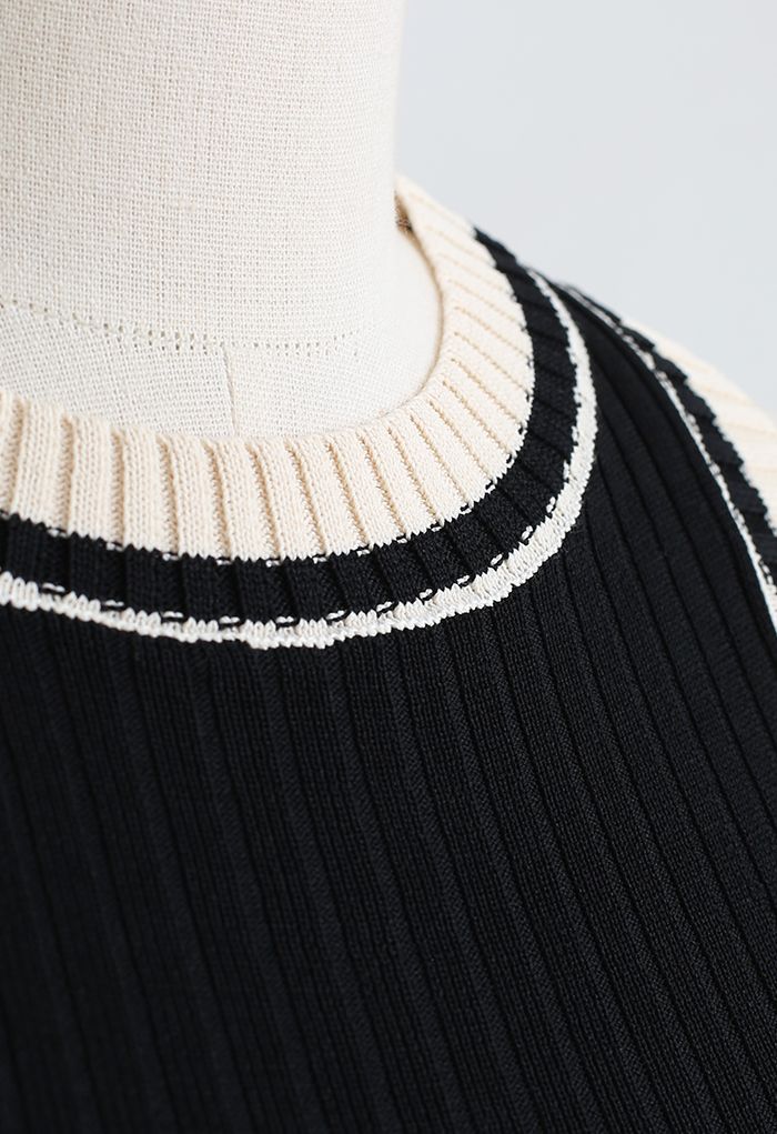 Two-Tone Ribbed Knit Tank Top in Black