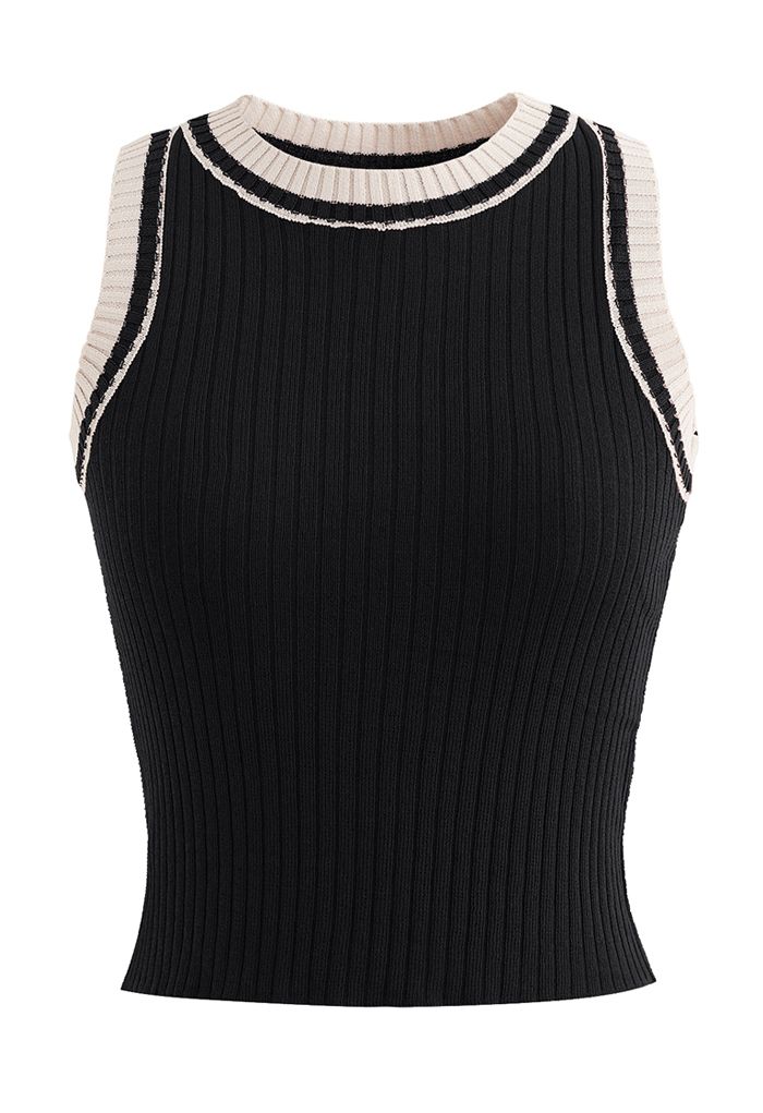 Two-Tone Ribbed Knit Tank Top in Black