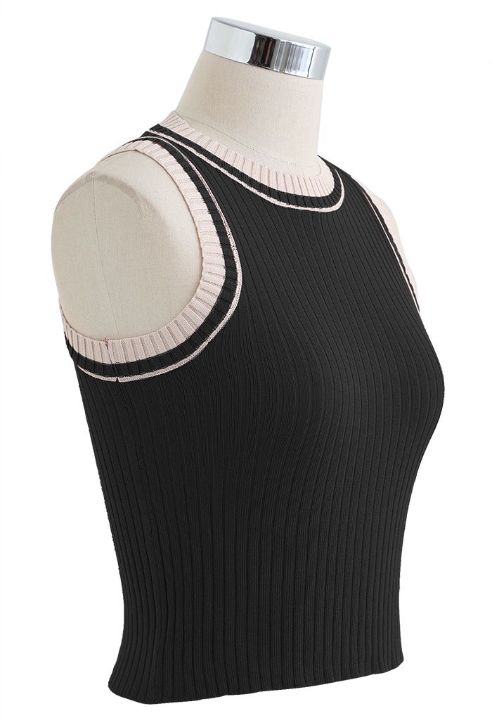 Two-Tone Ribbed Knit Tank Top in Black