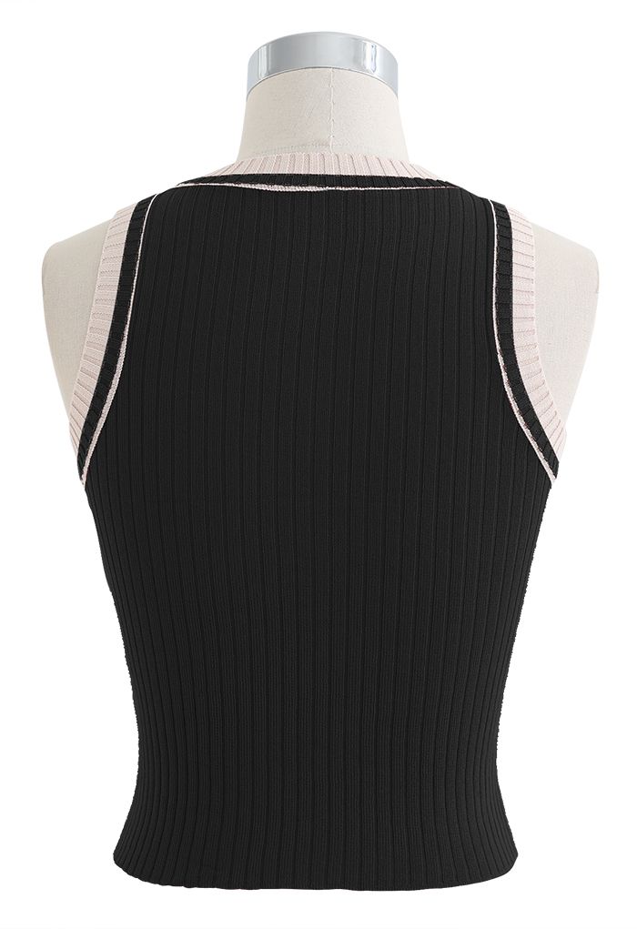 Two-Tone Ribbed Knit Tank Top in Black