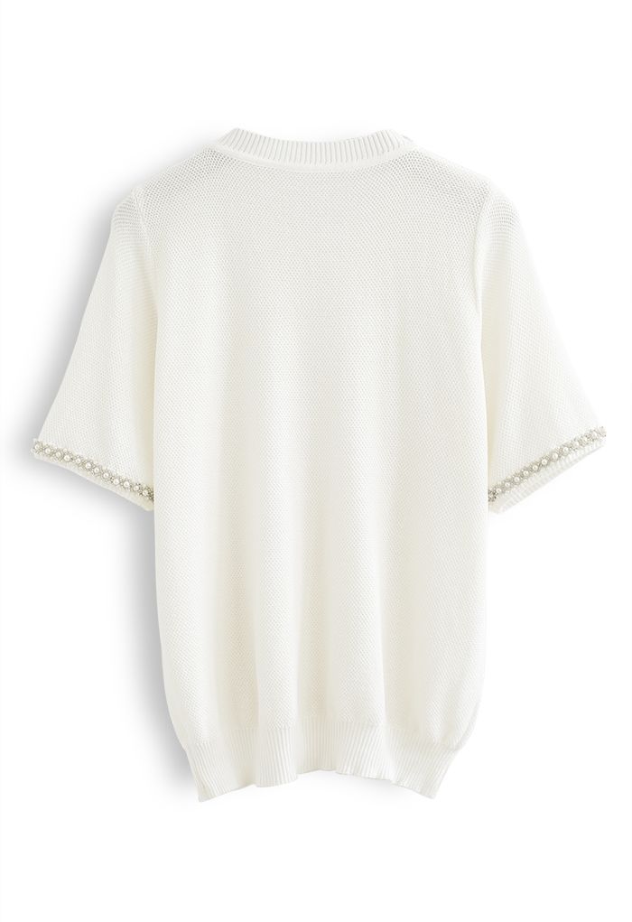 Bead Trim Waffle Knit Top in White