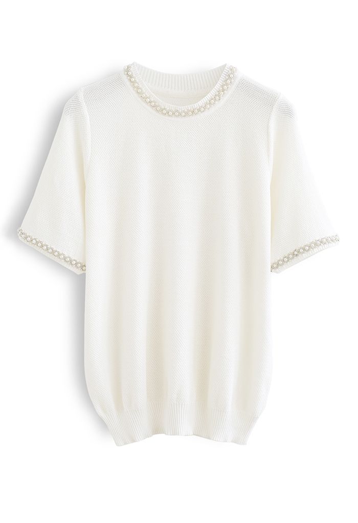 Bead Trim Waffle Knit Top in White