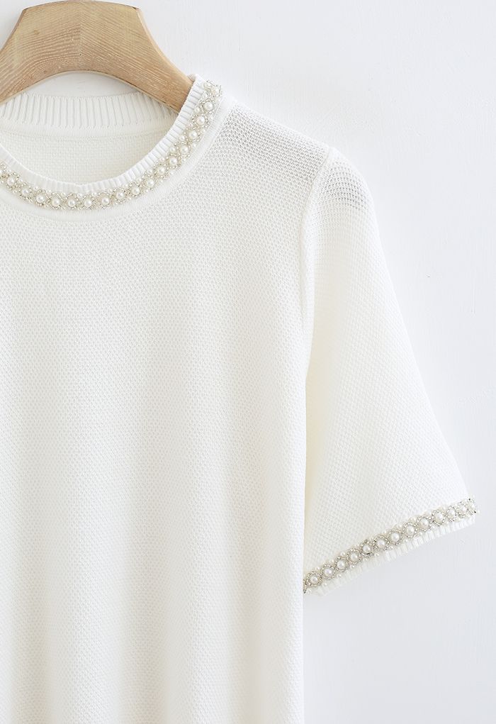 Bead Trim Waffle Knit Top in White