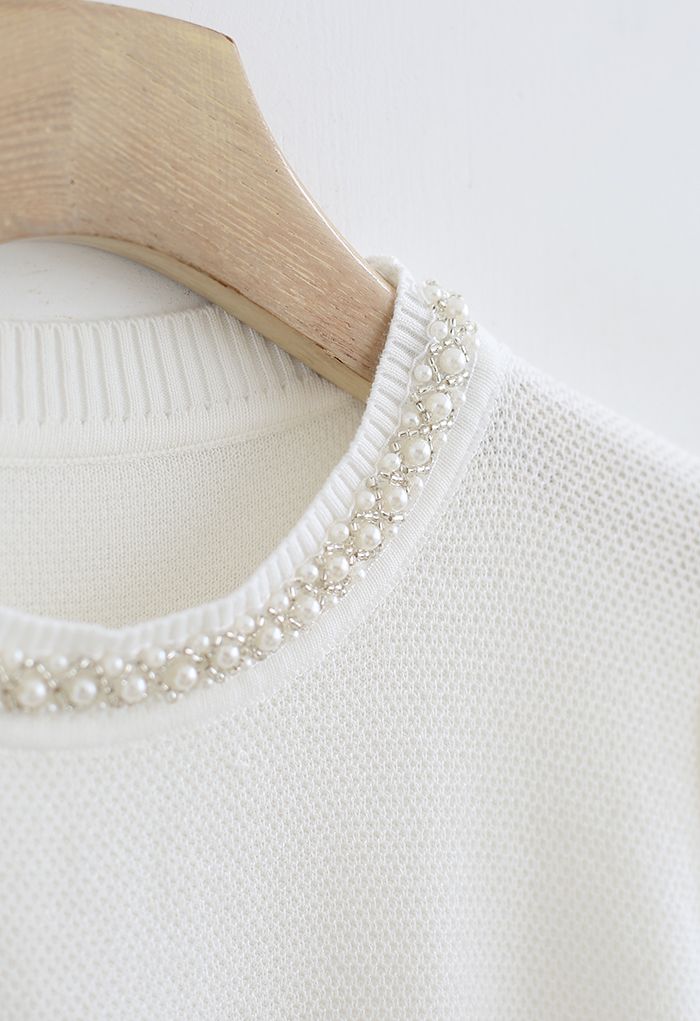 Bead Trim Waffle Knit Top in White