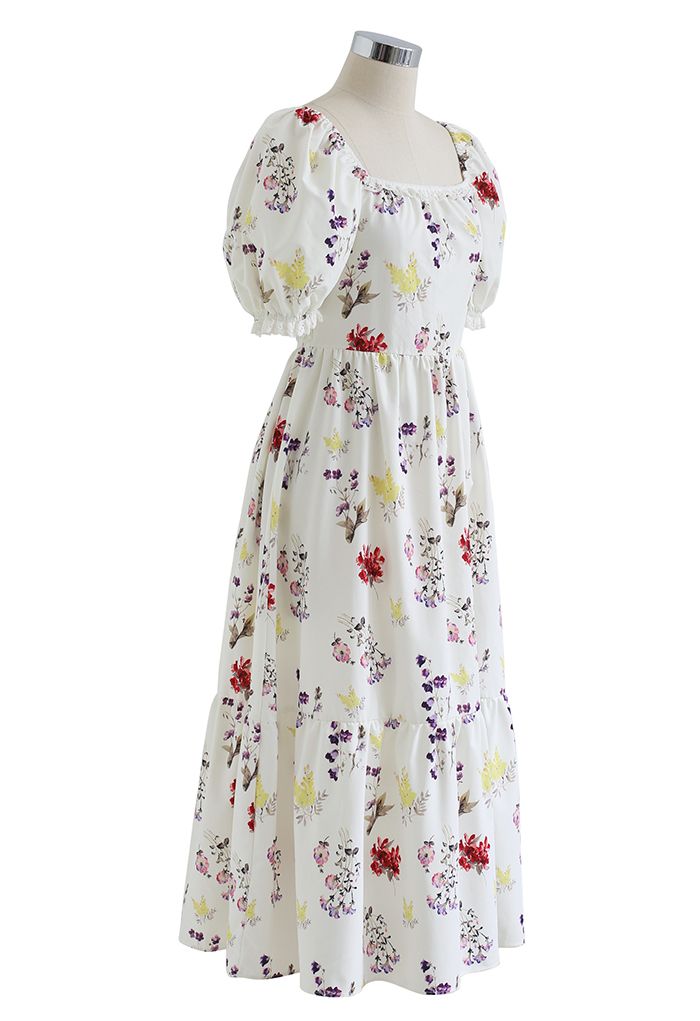 Floral Shirred Square Neck Midi Dress