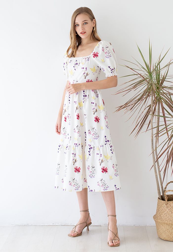 Floral Shirred Square Neck Midi Dress