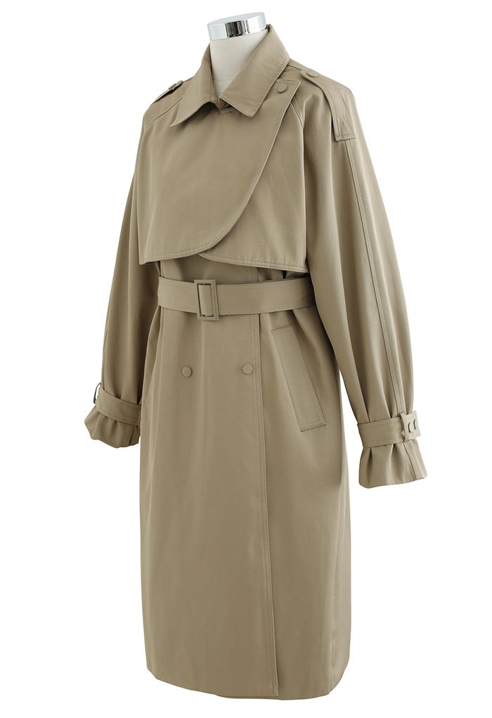 Stud Button Storm Flap Trench Coat in Khaki