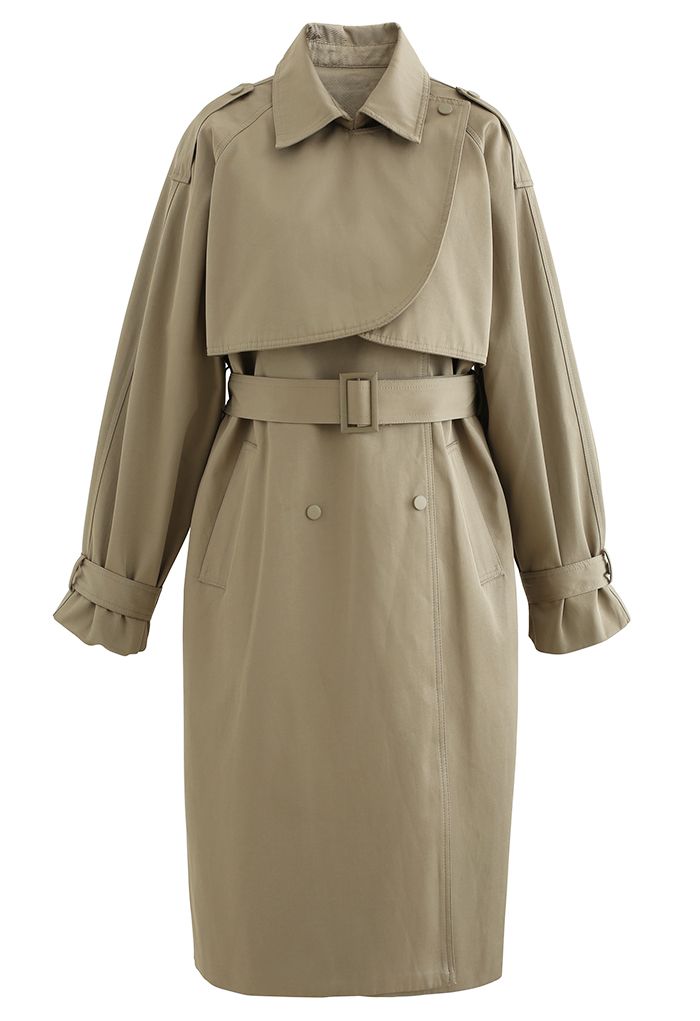 Stud Button Storm Flap Trench Coat in Khaki