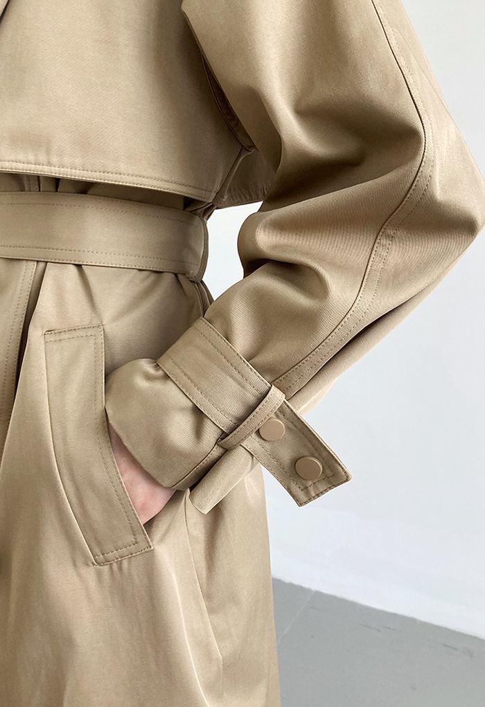 Stud Button Storm Flap Trench Coat in Khaki