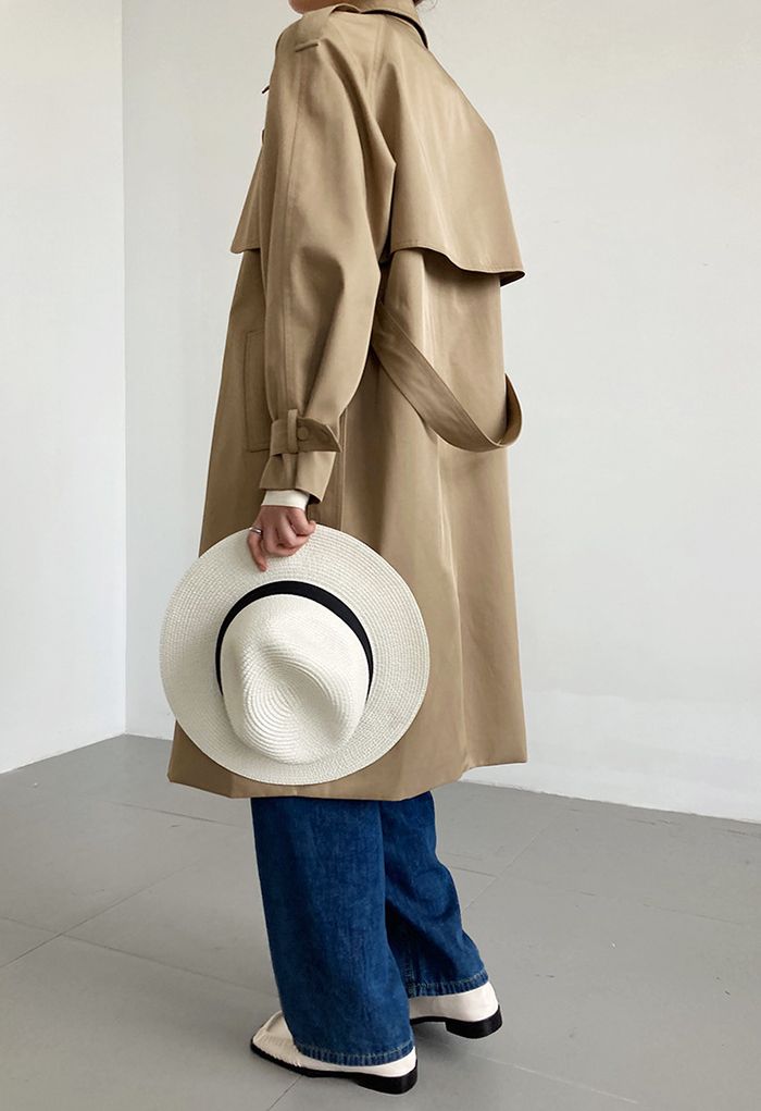 Stud Button Storm Flap Trench Coat in Khaki