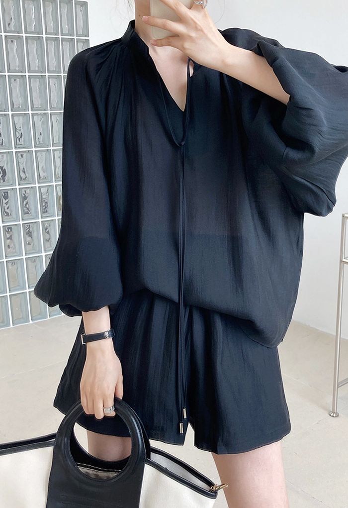 Athleisure Puff Sleeve Shirt and Flare Shorts Set in Black