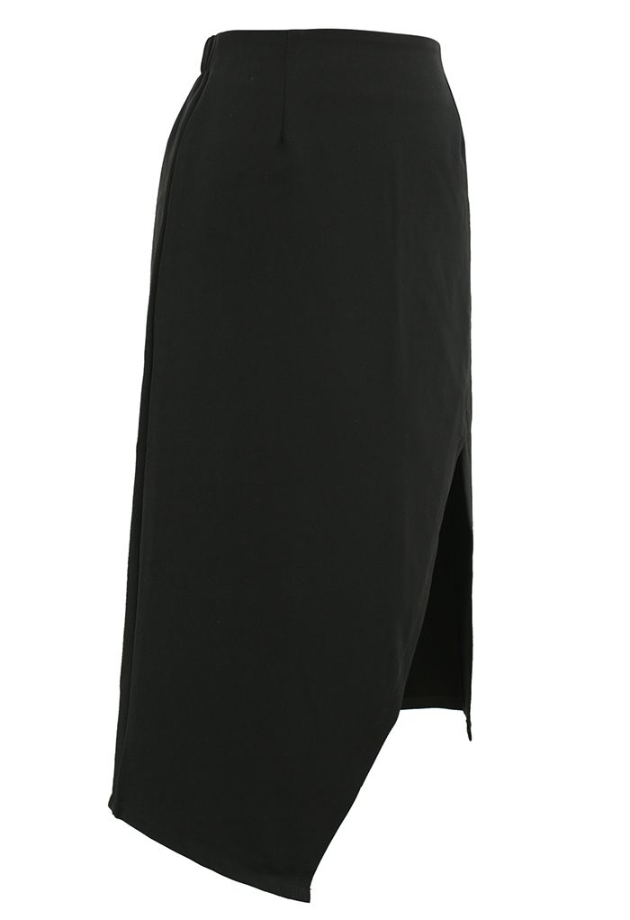Slit Hem Asymmetric Pencil Skirt in Black