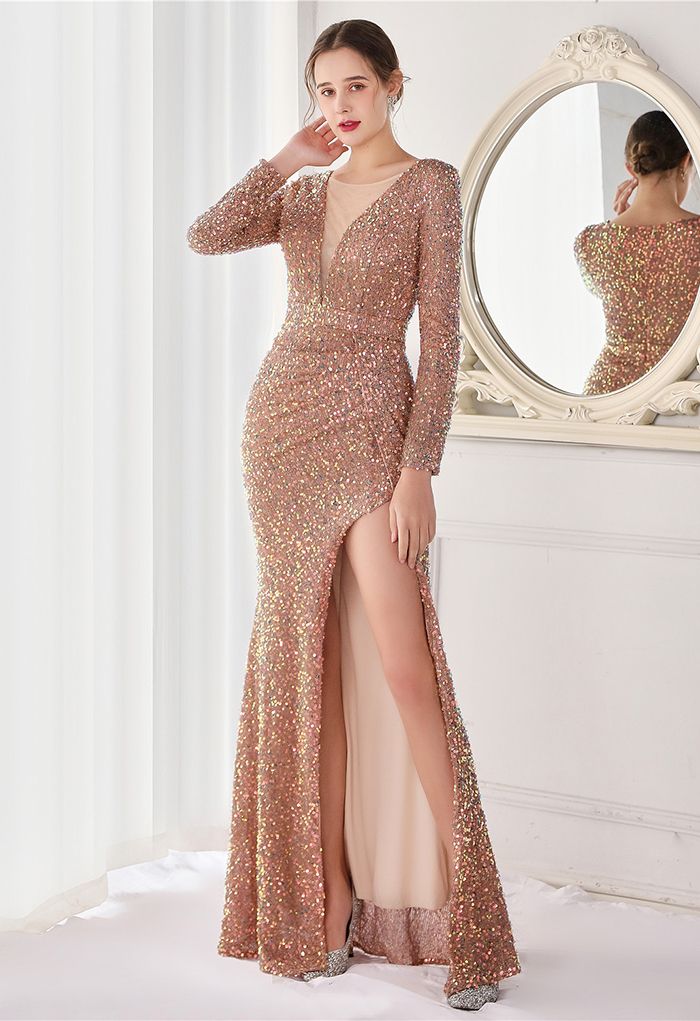 Side Slit Mesh V-Neck Sequined Gown in Champagne