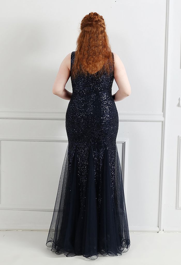 Mesh Panelled Sequined Mermaid Gown in Navy