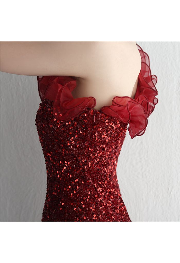 One-Shoulder Organza Trim Sequined Gown in Burgundy